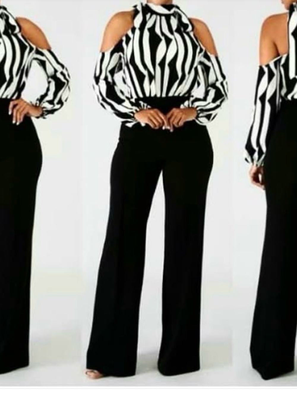 Valentine Black & White Cold Shoulder Halter Jumpsuit
